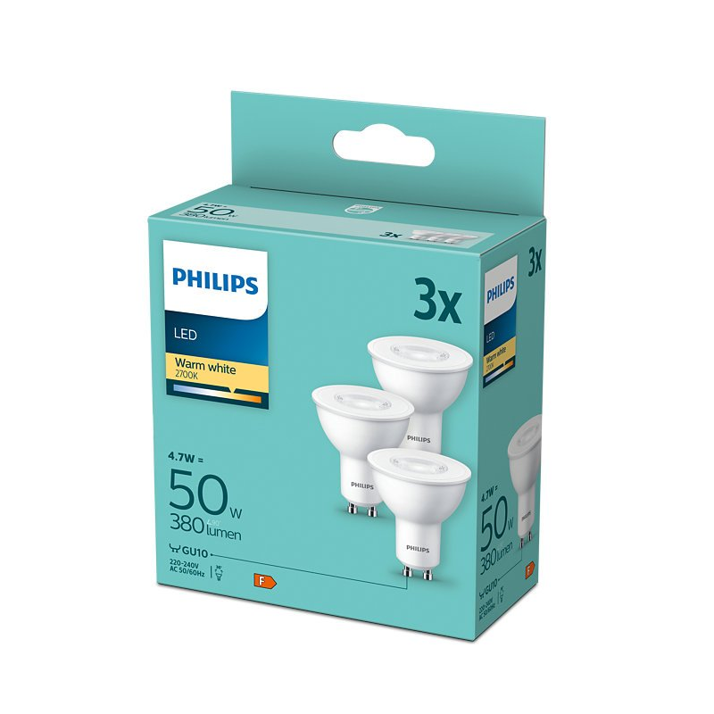 Confezione 3 lampadine GU10 4,7W (50W) 2700K warm white classe F 9290030386 PHILIPS