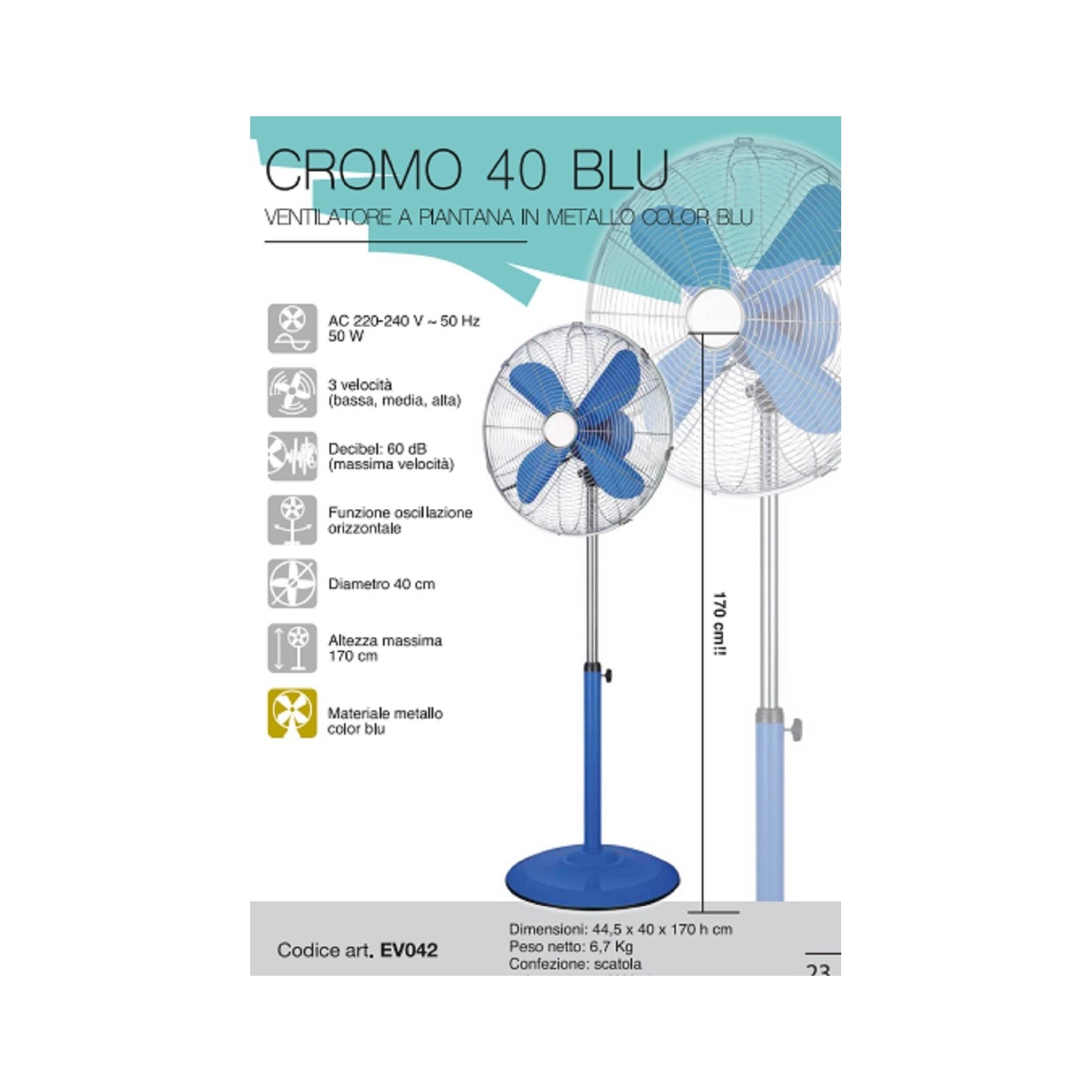 Ventilatore Da Terra A Piantana Colore Blu E Cromo Cfg Ev